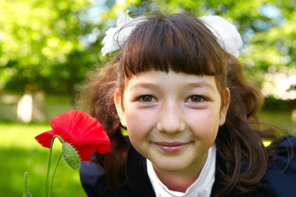 Petite Fille Tient Près Coquelicot Rouge — Photo