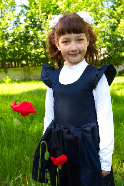 Petite Fille Tient Près Coquelicot Rouge — Photo