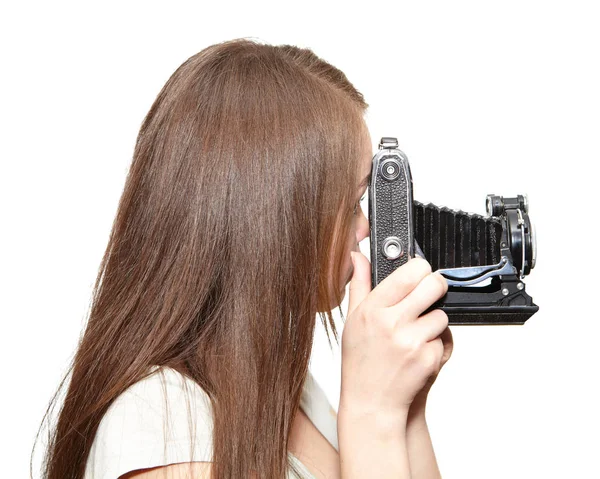 Happy Νεαρό Κορίτσι Και Ρετρό Φωτογραφική Μηχανή Χόμπι — Φωτογραφία Αρχείου