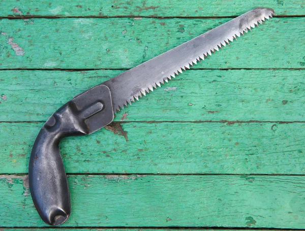 Old Hack Saw Wooden Background Construction Concept — Stock Photo, Image