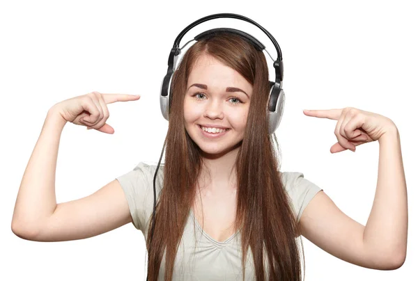 Glückliches Mädchen Mit Kopfhörern Das Musik Hört — Stockfoto