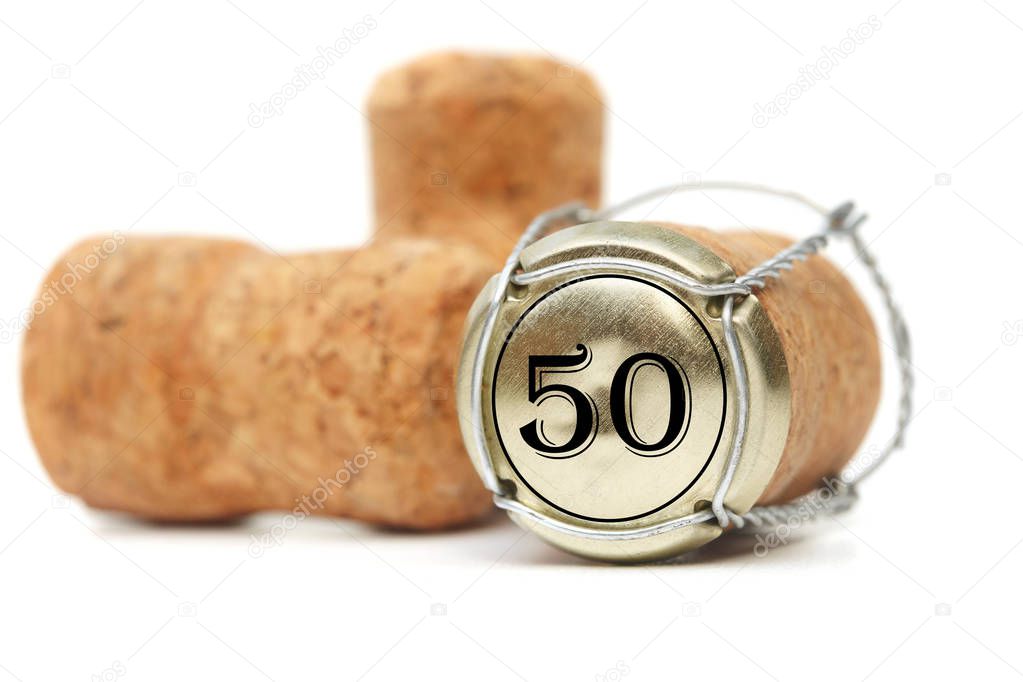 Cork from under champagne on a white background. 50