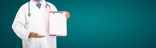 Doctor Showing Blank Clipboard Write Your Personal Message Advice — Stock Photo, Image