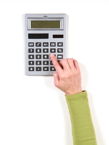 Mãos Casaco Verde Calculadora Sobre Fundo Branco — Fotografia de Stock