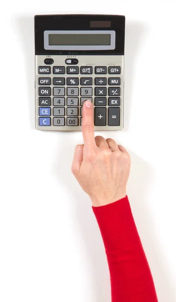 Mãos Jaqueta Vermelha Calculadora Cinza Fundo Branco — Fotografia de Stock