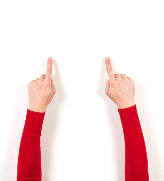 Mãos Casaco Vermelho Gestos Sobre Fundo Branco — Fotografia de Stock