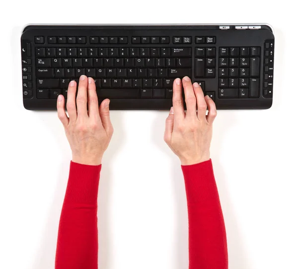 Manos Chaqueta Roja Teclado Negro Sobre Fondo Blanco —  Fotos de Stock