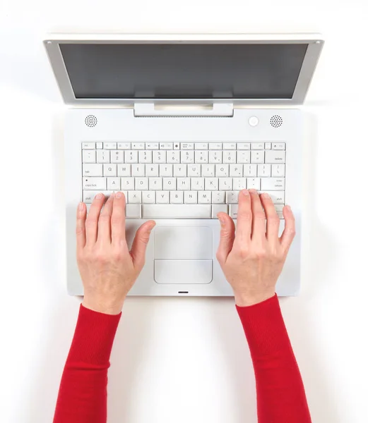 Hands Red Jacket White Laptop White Background — Stock Photo, Image