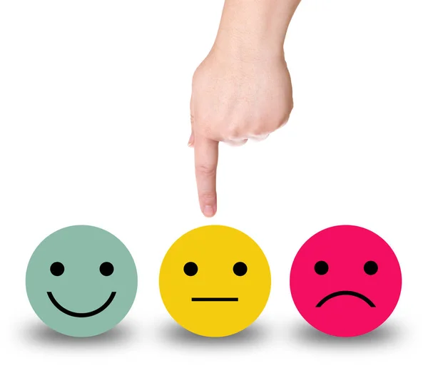 Hand Points Yellow Smiley White Background Stock Image
