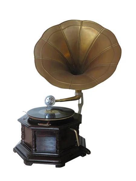 Vintage Oude Grammofoon Platenspeler Geïsoleerd Witte Achtergrond Rechtenvrije Stockafbeeldingen