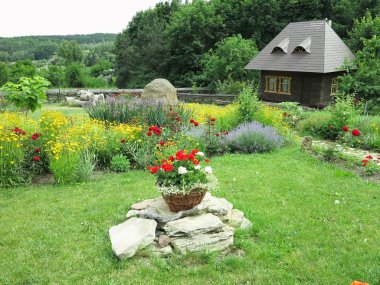 küçük bir ev pastoral görünümü üzerinde bir arka planını çiçekler ve yeşil orman