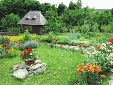 küçük bir ev pastoral görünümü üzerinde bir arka planını çiçekler ve yeşil orman