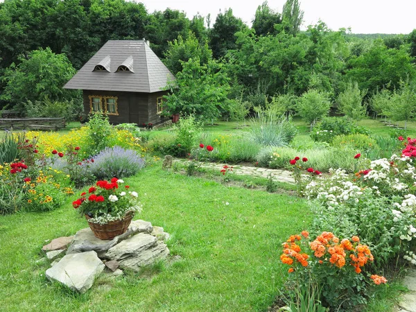 Idyllisch Uitzicht Een Huisje Een Achtergrond Van Bloemen Groen Bos — Stockfoto