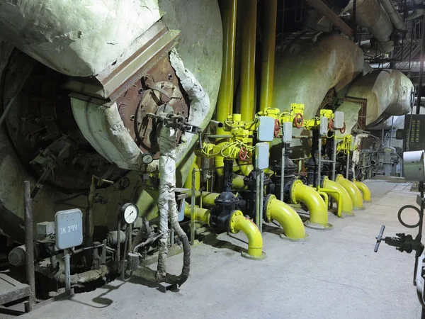 Chaudière Vapeur Équipements Tuyaux Tubes Centrale Thermique Scène Nuit — Photo