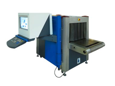 Mavi yeni X-ray tarayıcı ve beyaz arka plan üzerinde izole Havaalanı güvenlik noktasında metal detektörü