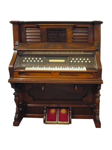 Retro Staré Vzpřímené Německé Automatické Klavír Izolované Bílém Pozadí — Stock fotografie