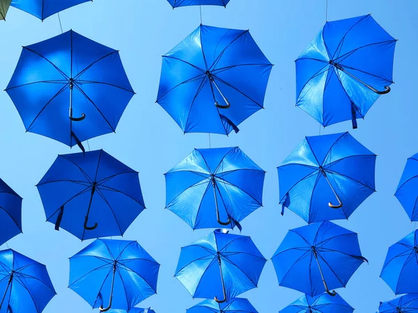 Many Blue Colorful Umbrella Street Decoration Sky Background Stock Photo