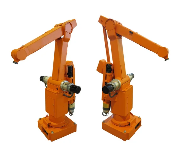 Oranssi Teollisuuden Robotti Manipulaattori Käsi Eristetty Valkoinen Tausta — kuvapankkivalokuva