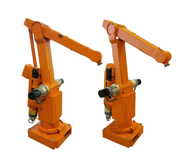 Оранжевый Промышленный Робот Манипулятор Рука Изолирована Белом Фоне — стоковое фото
