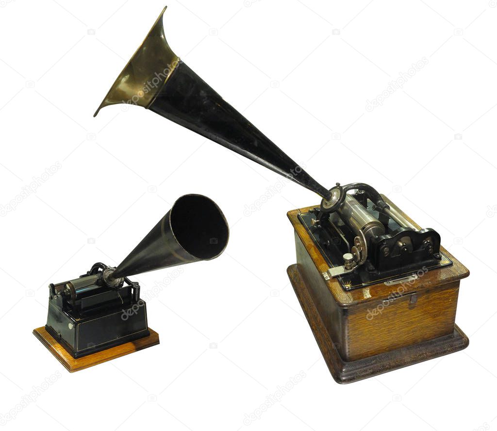 Edison phonograph sound recorder and player gramophone isolated over white background