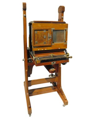 Beyaz arka plan üzerinde yalıtılmış bağbozumu antika ahşap eski fotoğraf makinesi