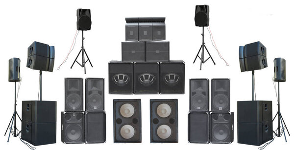 Set of powerful old industrial stereo speakers isolated over white background.