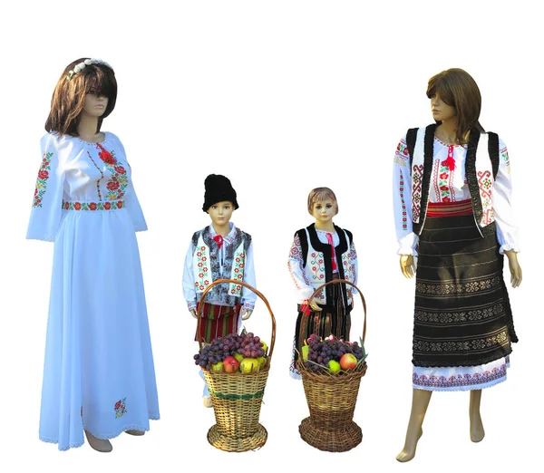 Mannequins National Traditional Balkanic Moldavian Romanian Costumes Isolated White Background — Stock Photo, Image