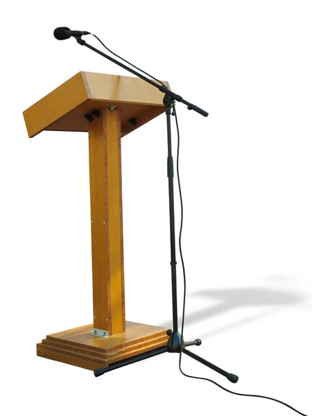 Tribuno Pódio Madeira Stand Rostrum Com Microfone Isolado Sobre Fundo — Fotografia de Stock