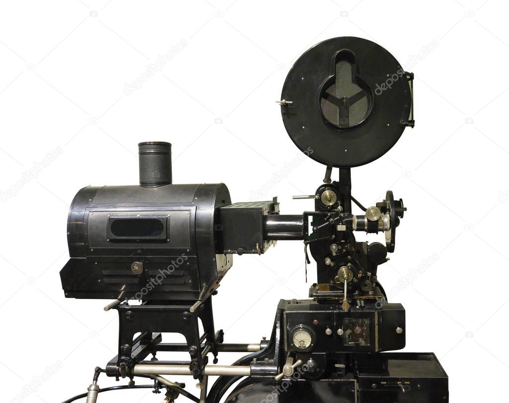 Old-fashioned cinema movie vintage film projector isolated on white backgroun