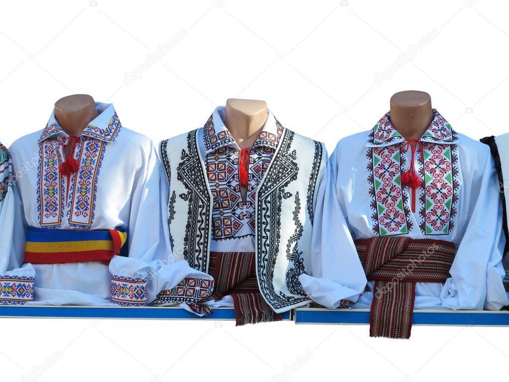 Balkan romania, bulgarian, moldova embroidered national traditional costumes clothes isolated over white background