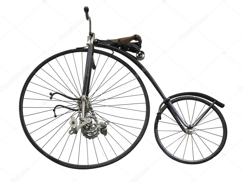 Vintage old retro bicycle isolated over white background