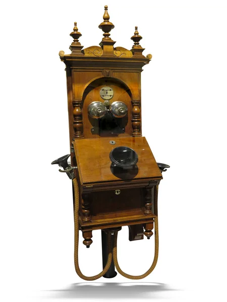 Antigo Telefone Madeira Vintage Início Século Isolado Sobre Fundo Branco — Fotografia de Stock