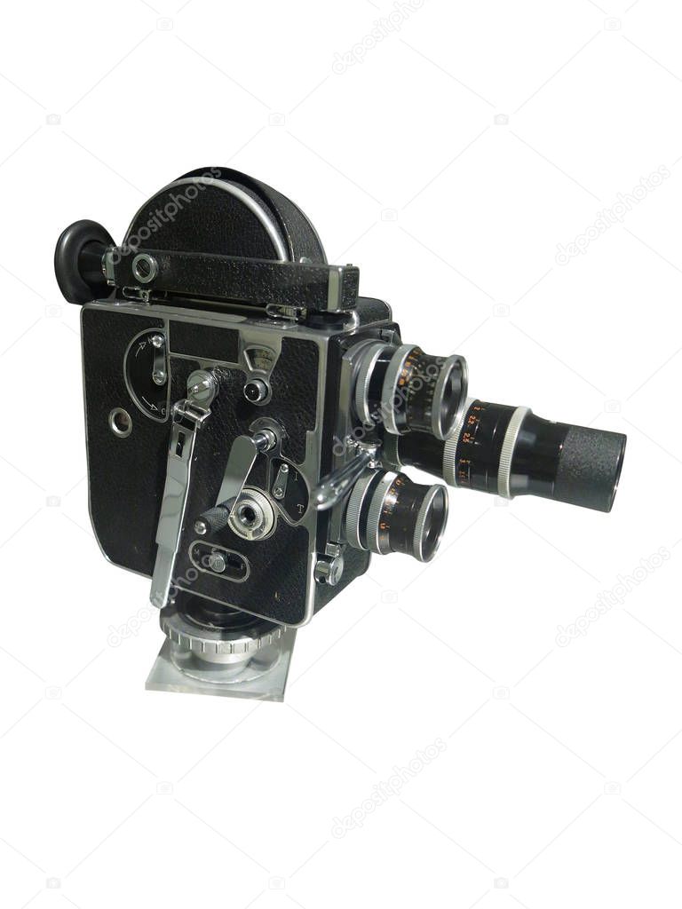 Vintage antique film movie camera isolated over white background