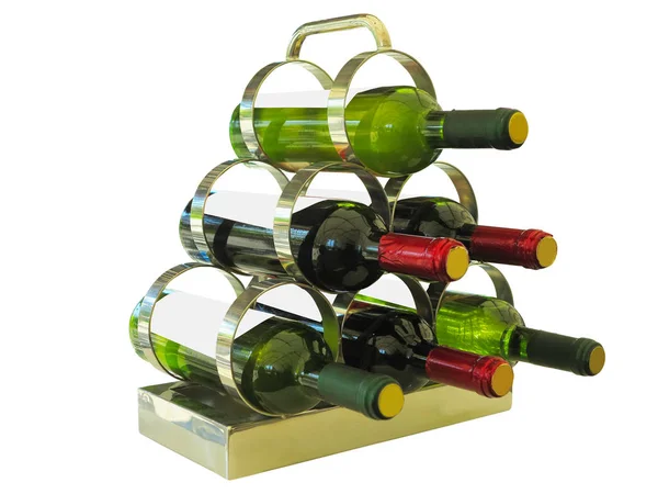 Garrafas de vinho em branco em um suporte metálico isolado sobre ba branco — Fotografia de Stock
