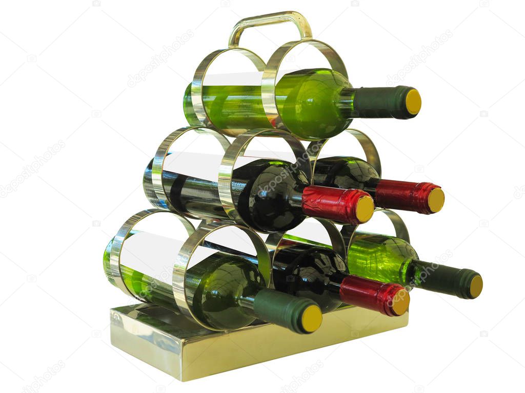 Blank bottles of wine in a metallic stand isolated over white ba