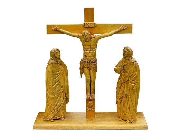 Crucifix brun vieux Jésus en bois avec Santa Maria et apôtre iso — Photo