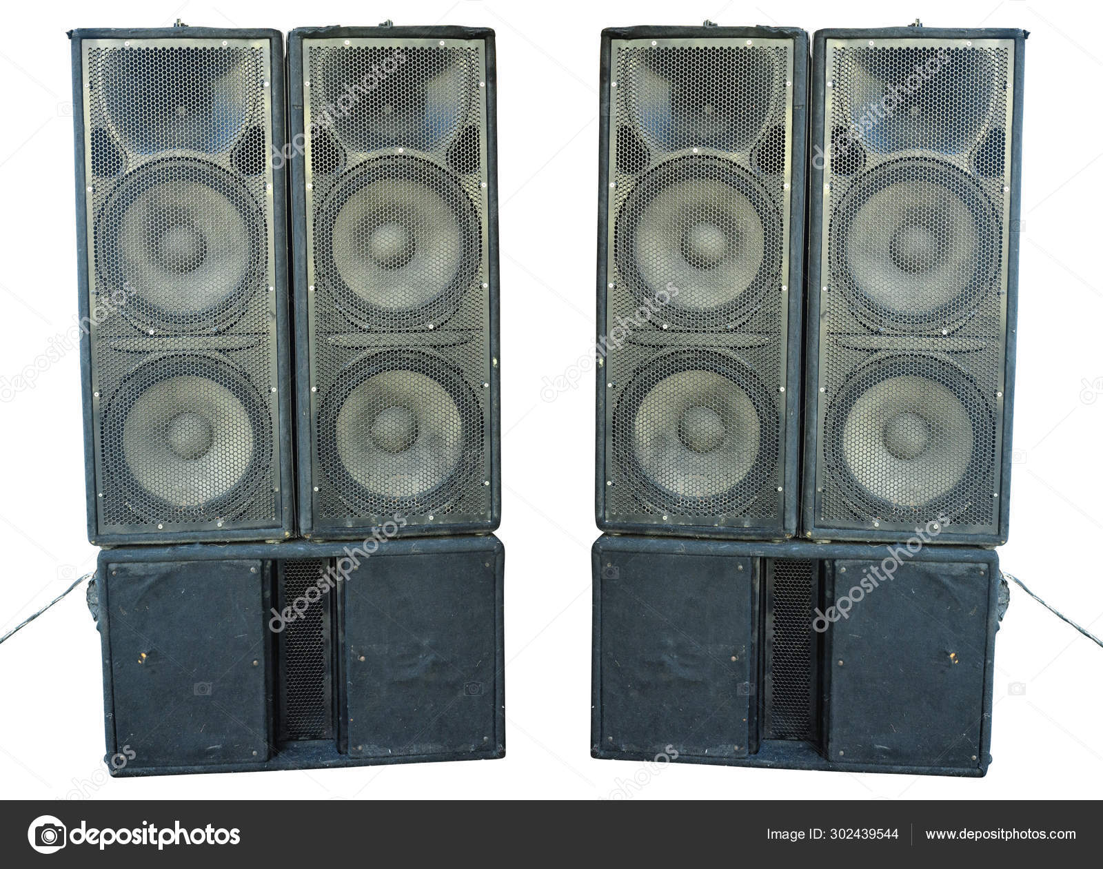 Old powerful stage concerto audio speakers isolated on white bac