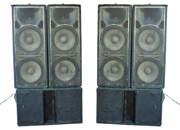 Old powerful stage concerto audio speakers isolated over white background
