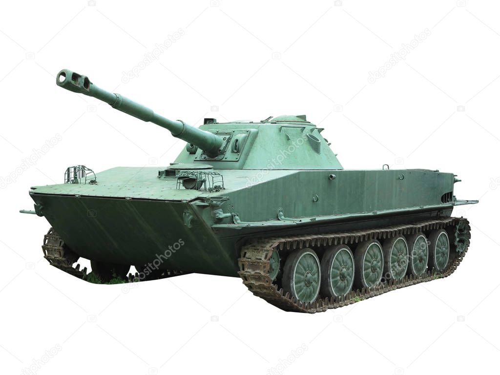 Russian old green floating tank isolated on white background    