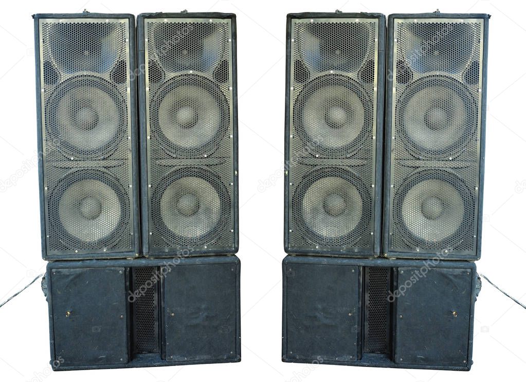 Old powerful stage concerto audio speakers isolated on white bac