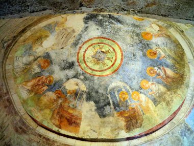 Demre, Türkiye - 2 Temmuz 2019: St. Nicholas B'deki antik freskler