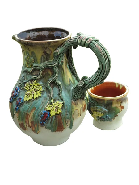 Beautiful pattern decorated lay jug and cup handmade ceramic — Stock Photo, Image