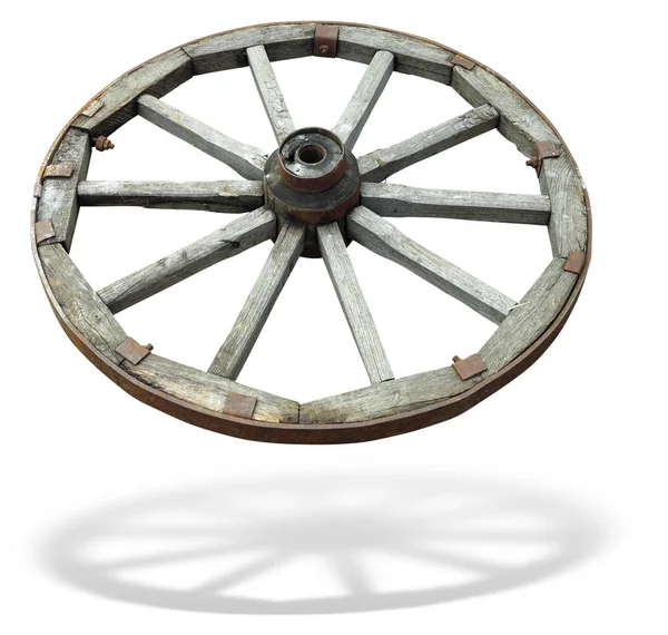 Vecchia ruota carro di legno marrone da un carrello isolato su bianco — Foto Stock