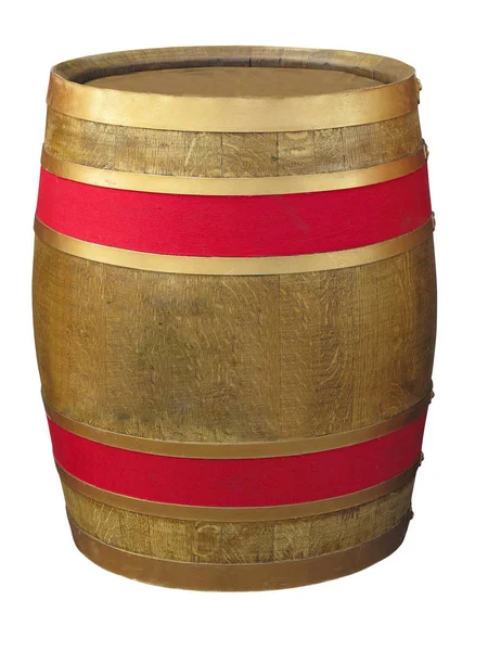 Bruin houten vat met rode lijn geïsoleerd boven wit — Stockfoto