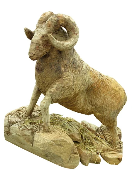 Brown wooden ram figurine statue concept isolated over white — Stock Photo, Image