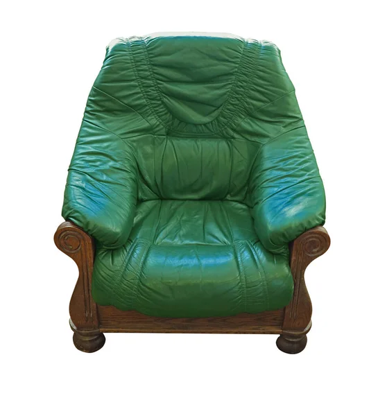 Oude Houten Klassieke Lederen Groene Fauteuil Geïsoleerd Witte Achtergrond — Stockfoto