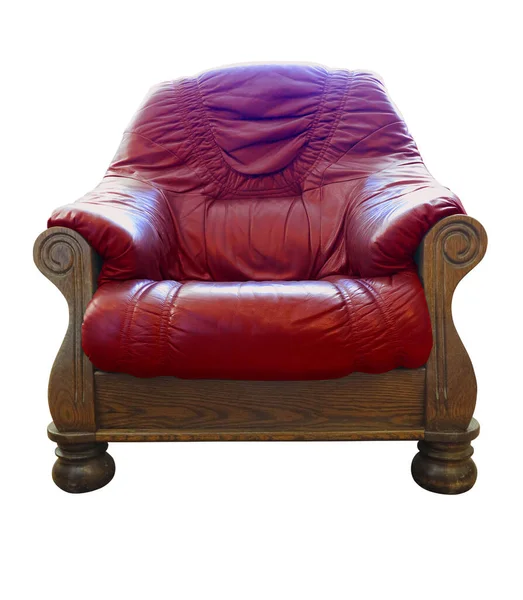 Old Wooden Classic Leather Red Armchair Isolated White Background — Stock Photo, Image