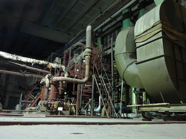 Pijpleidingen Stalen Buizen Stoomturbine Apparatuur Industriële Elektriciteitscentrale Nachtscène — Stockfoto