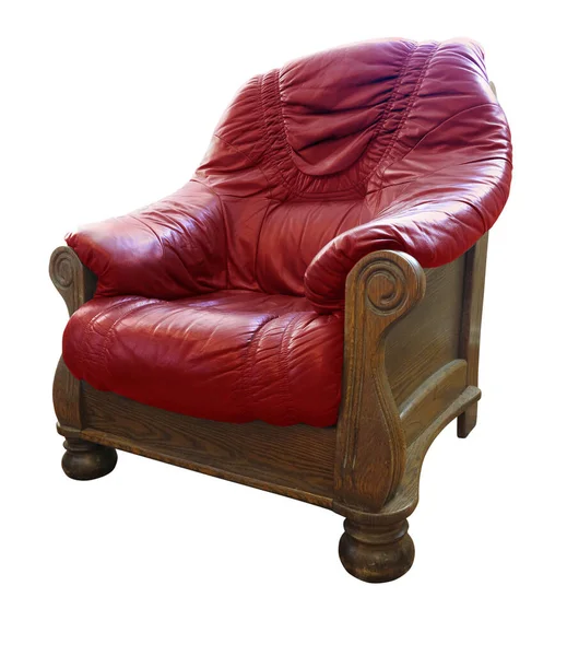 Alte Klassische Hölzerne Leder Roten Sessel Isoliert Über Weißem Hintergrund — Stockfoto