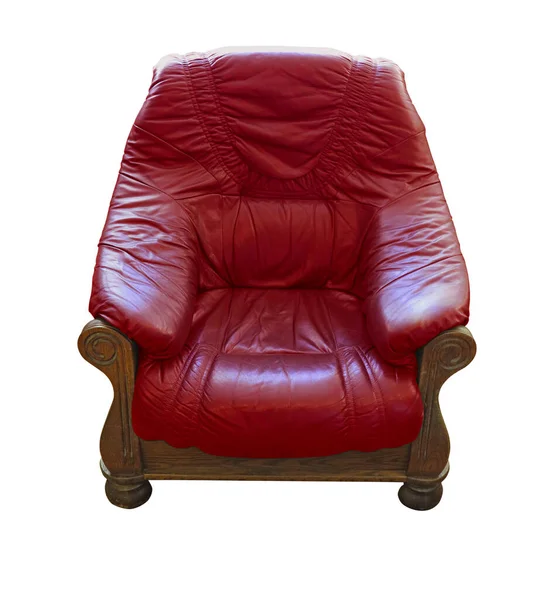 Old Wooden Classic Leather Red Armchair Isolated White Background — Stock Photo, Image